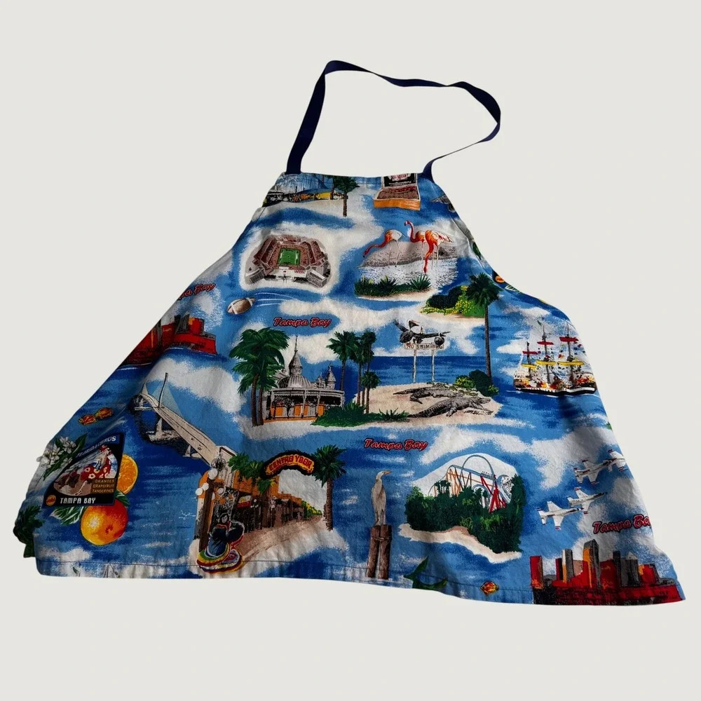 Coastal Vintage Handmade Tampa Bay Florida Apron Collage Print Blue Ribbon Ties
